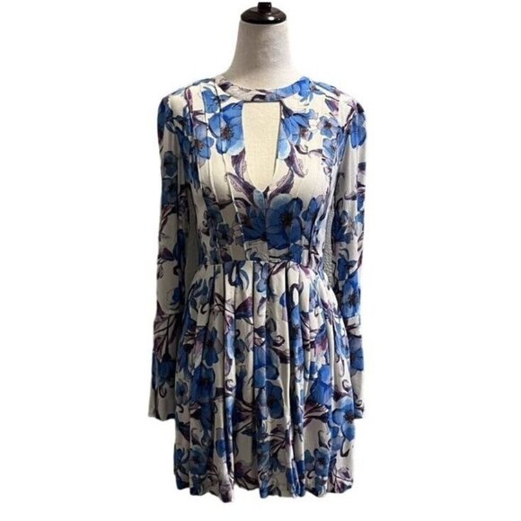Free People Floral Print Long Sleeve Mini Dress Keyhole Front AND Back Small - Picture 1 of 10